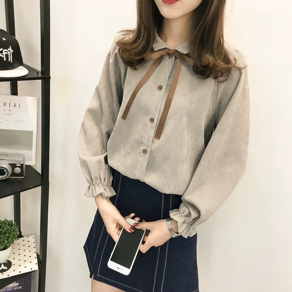 Women's Corduroy Shirt Long Sleeve with Bow Tie Gray US Size S